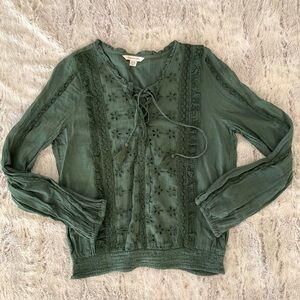 American Eagle Outfitters Eyelet Forest Green Lace Blouse